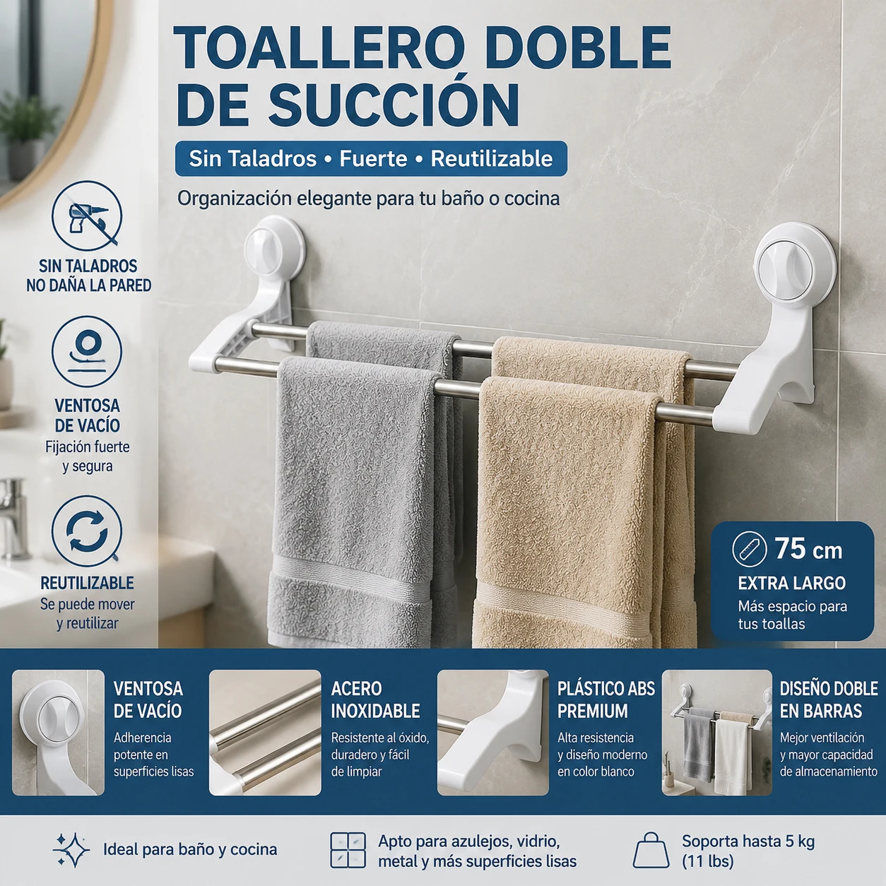 Porte-serviettes double avec ventouse sans perçage, longueur 75 cm, barres en acier inoxydable antirouille, supporte jusqu'à 5 kg, réutilisable et amovible, adapté aux carreaux, au verre et aux comptoirs, organisateur pour salle de bain et cuisine