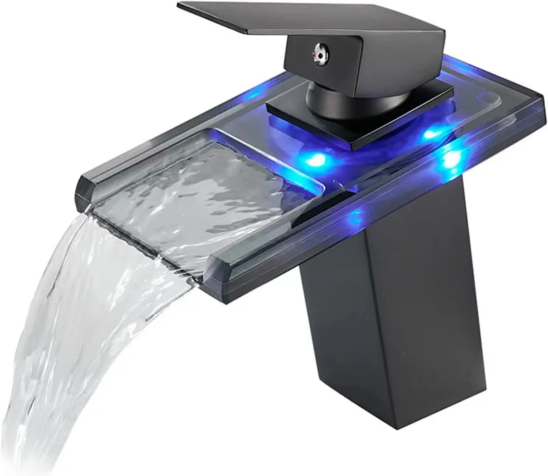 Imagem -06 - Misturador de Água do Banheiro Torneira de Bacia de Vidro Torneira Led Luminosa Mudança de Cor Hidro Power Black Waterfall Basin Faucet Aço Inoxidável