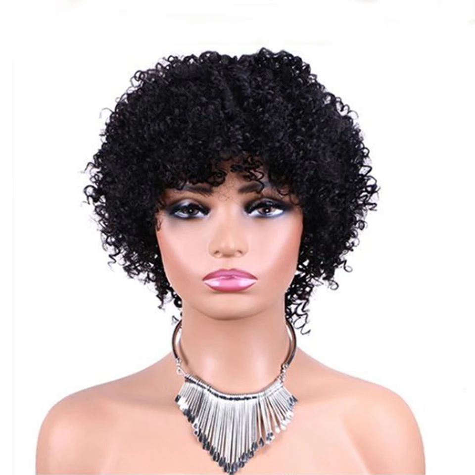 Perruque Brésilienne Afro Bouclée avec Frange pour Femme, Cheveux Naturels, Coupe Pixie Courte Bob, Densité 150%, Entièrement Faite à la Machine