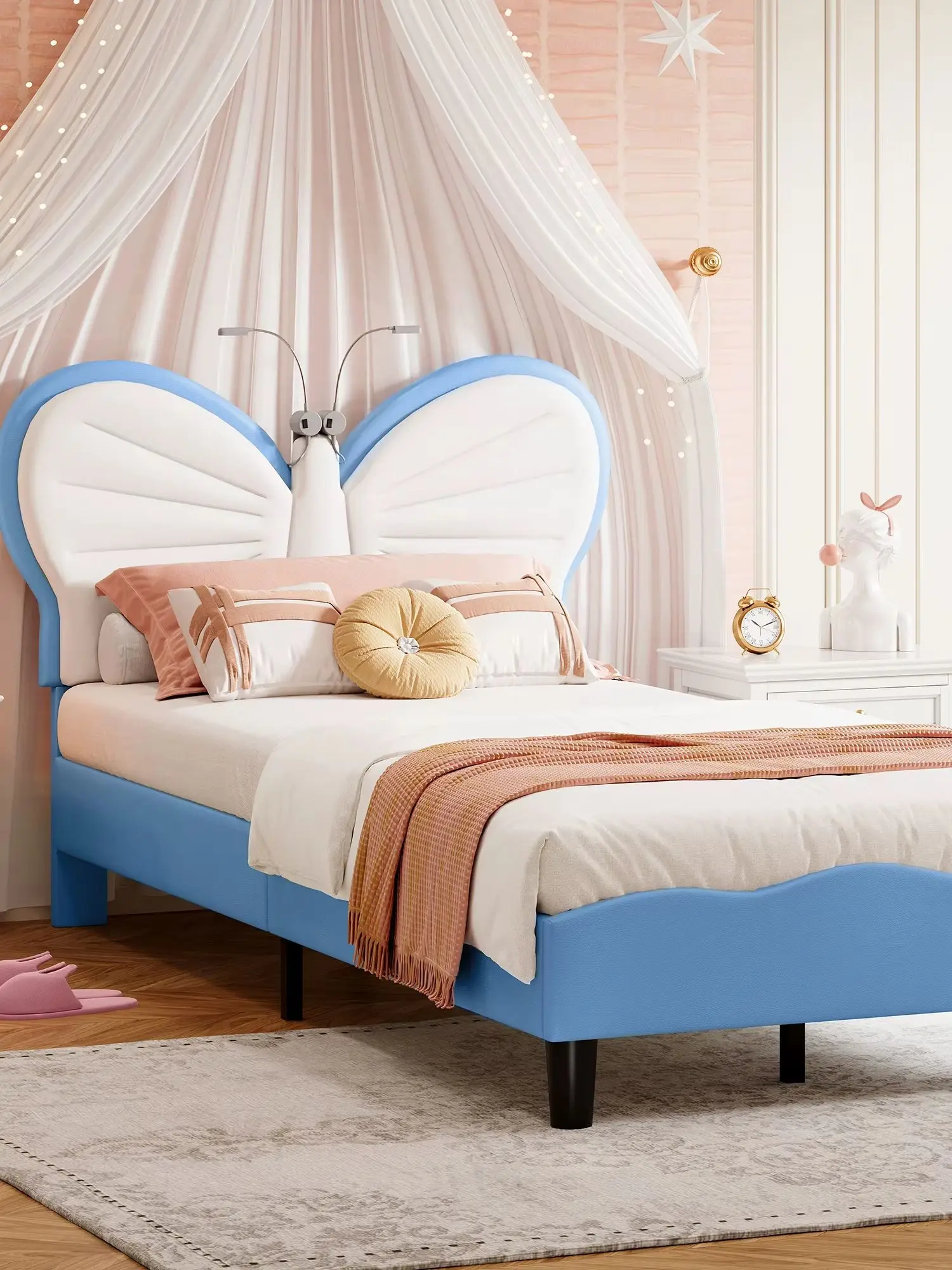 90*200cm Kinderbett, gepolstertes Einzelbettgestell, schmetterlingsförmiges Kopfteil, süßes Prinzessinnen-Einzelbett, geeignet für Jungen und Mädchen, perfekt für Kinderzimmer