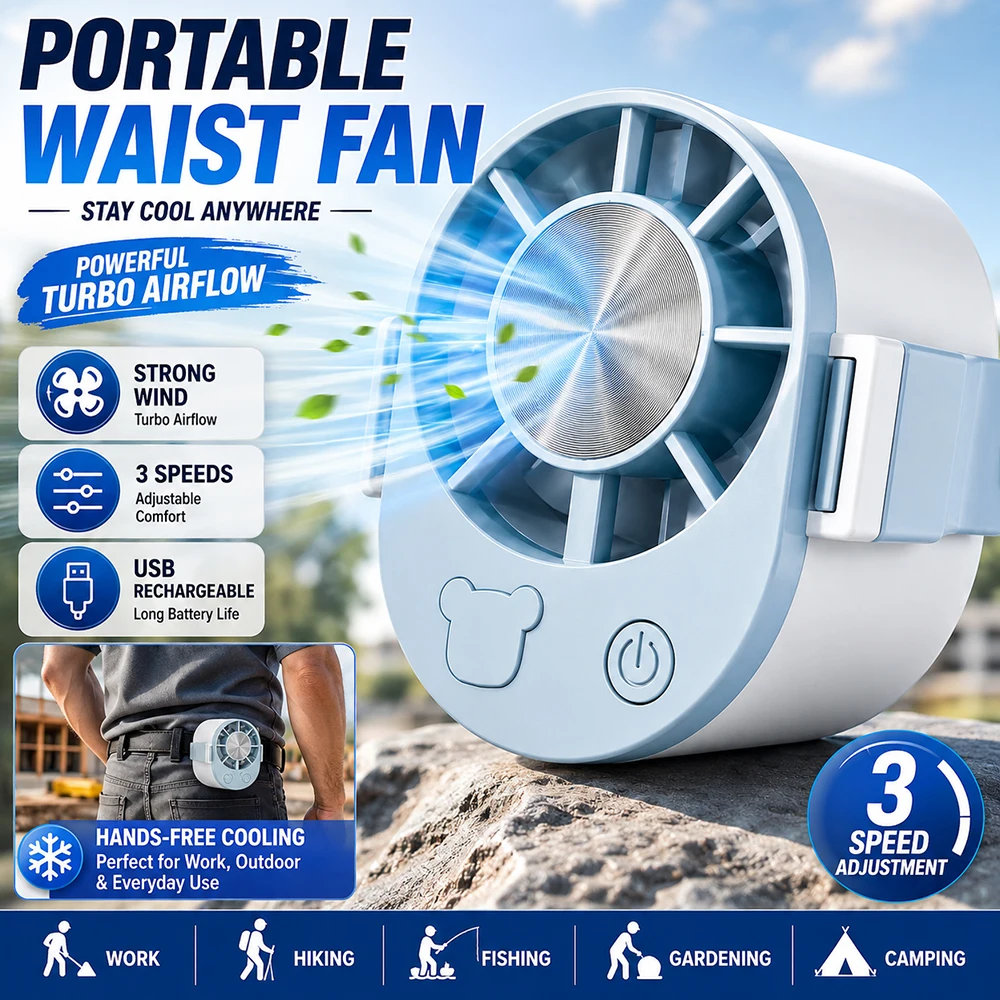 Ventilador Portátil de Cintura Recarregável, Ventilador Clip-on Mãos-Livres com 3 Velocidades, Silencioso, para Trabalho ao Ar Livre, Camping, Viagens e Verão