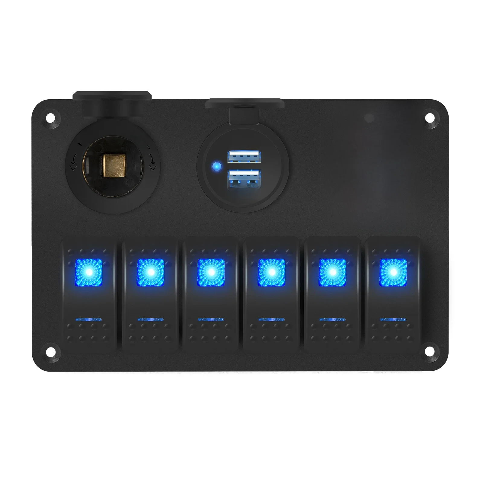 6-voudig maritieme tuimelschakelaarpaneel waterdicht 12 volt, boottuimelschakelaarpaneel 12V blauwe LED verlicht voor boot auto RV UTV met USB - afbeelding 2