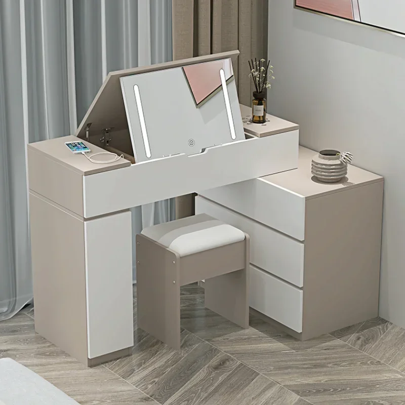 Moderne minimale Mädchen Schmink tisch setzt Hocker Design weiß Holz Make-up Tisch Spiegel Lagerung