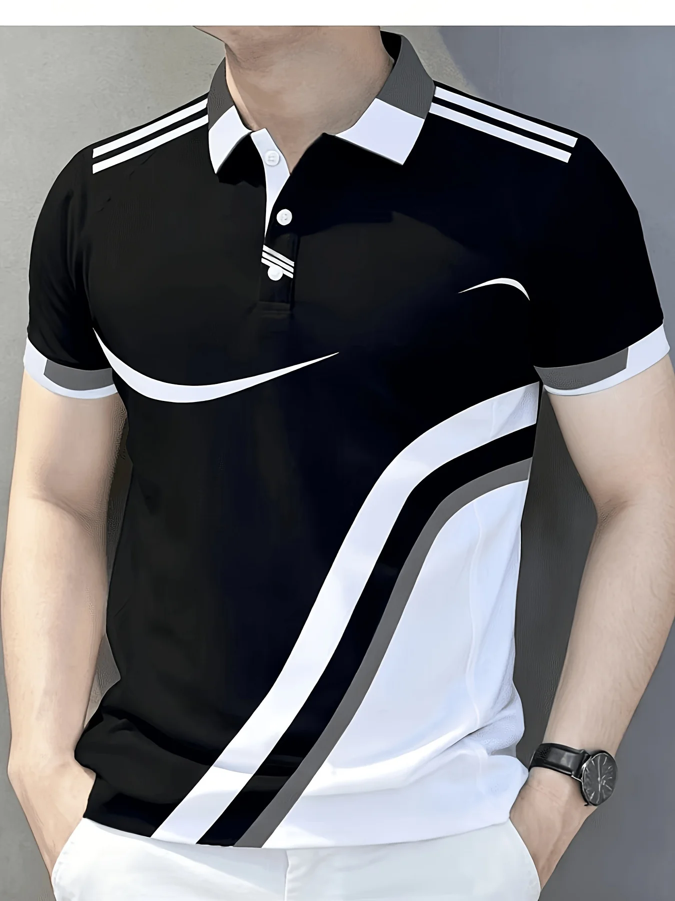 Polo Shirt for Man Black White Gray Geometric Curve Panel Stripe Trim Polo Shirt for Men Classic Collar Casual Short Sleeve