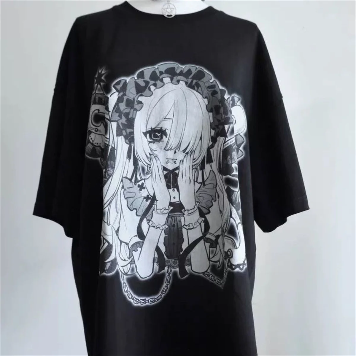 Japanese Cartoon Print Y2k T-shirts Women Harajuku Summer Casual Fairy Graphic Tshirt Vintage Tops Black Oversized Aesthetic Tee