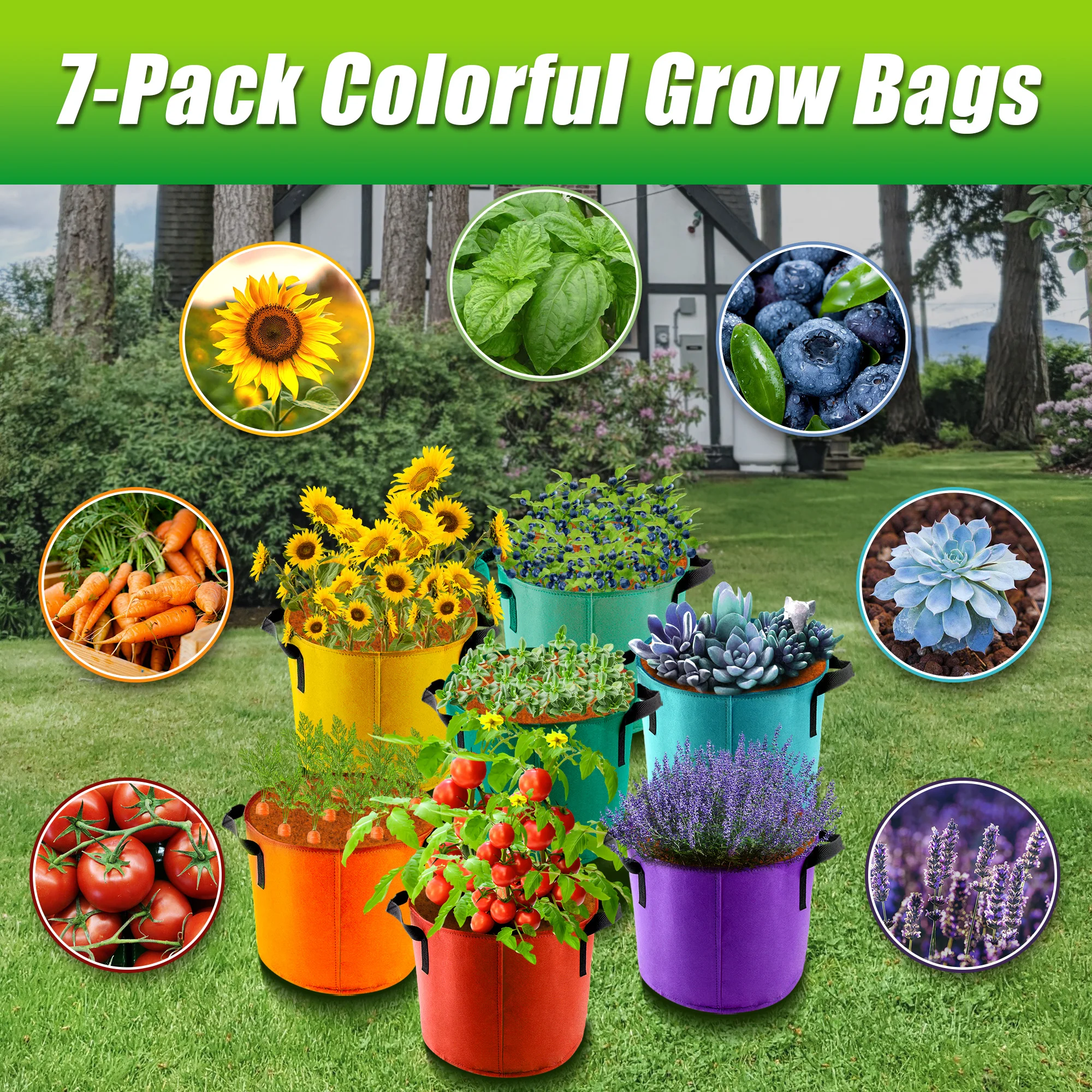 5 Gallon Grow Bags, 7 Pack Colorful Fabric Plant Pots with Handles for Garden and Outdoor Planting10 Gallon Grow Bags view 7