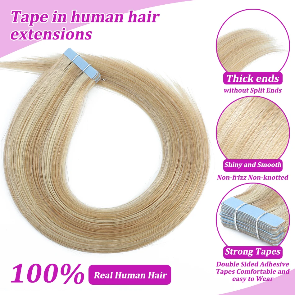 10/20/40 Pcs Tape In Hair Extensions 100% Human Hair Real Natural Hair European Straight Blonde Skin Weft Hair Extension 12-16"