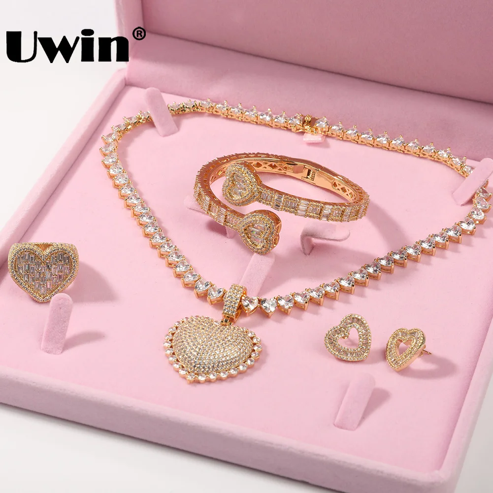 

UWIN Necklace/Earrings/Ring/Bracelet Set For Women Iced Out Cubic Zircon Heart Shape Series Jewelry Set for Gift