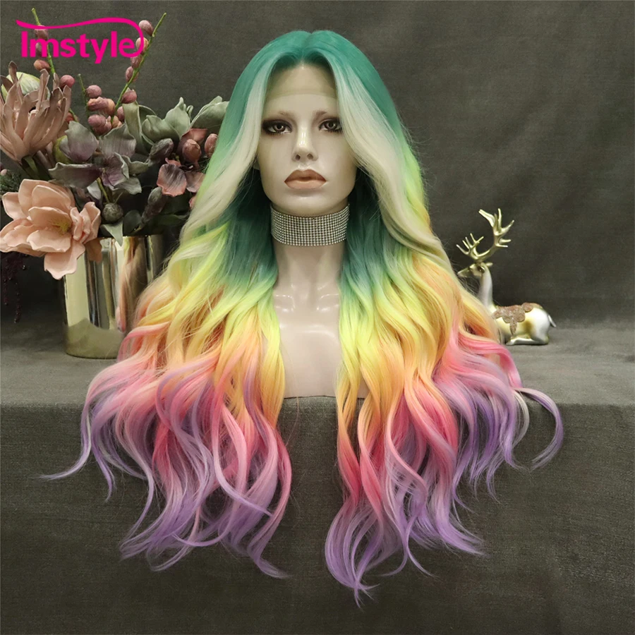 Imstyle Colorful Wig Multicolor Synthetic Lace Front Wig T Part Lace Wig Long Wavy Wig Heat Resistant Fiber Wigs For Women Party