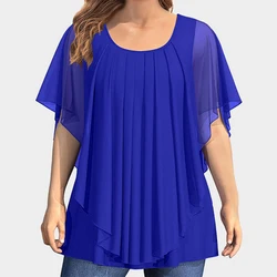 Bluzka damska Plus Size Peacock Blue Pleated Single Breasted Short Sleeve Tops Summer Casual Loose O-Neck Top Ruched Blouse