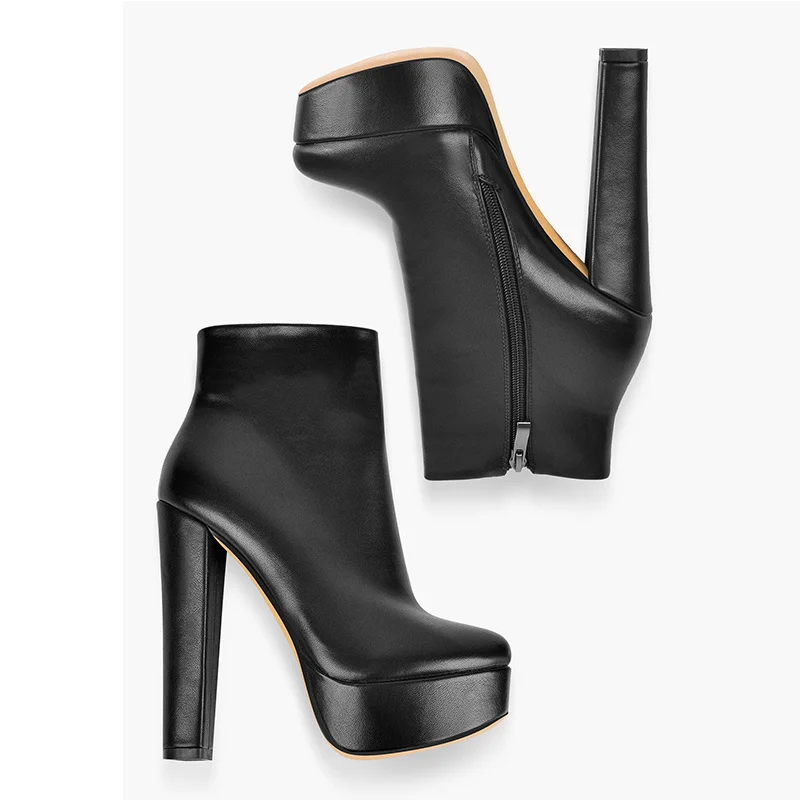 Onlymaker Women Platform Ankel Boots Classic Block Chunky Heel  High Heels Black Big Large Size Round Toe Booties