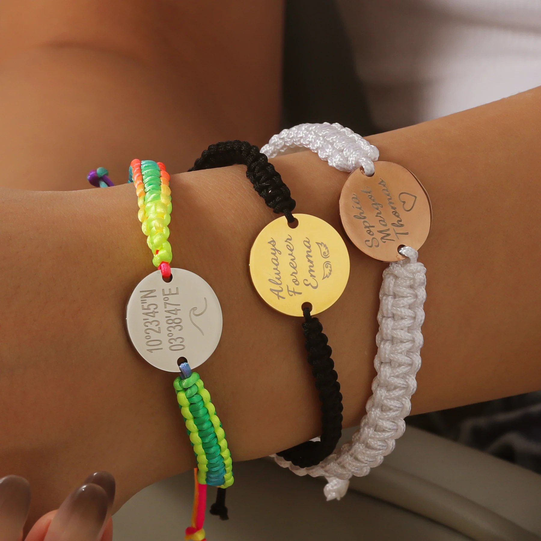 MYDIY Personalized Engraved Bracelet Round White Laser Custom Sign Date Name Hand Woven Bracelets Round Charm Gift for Her