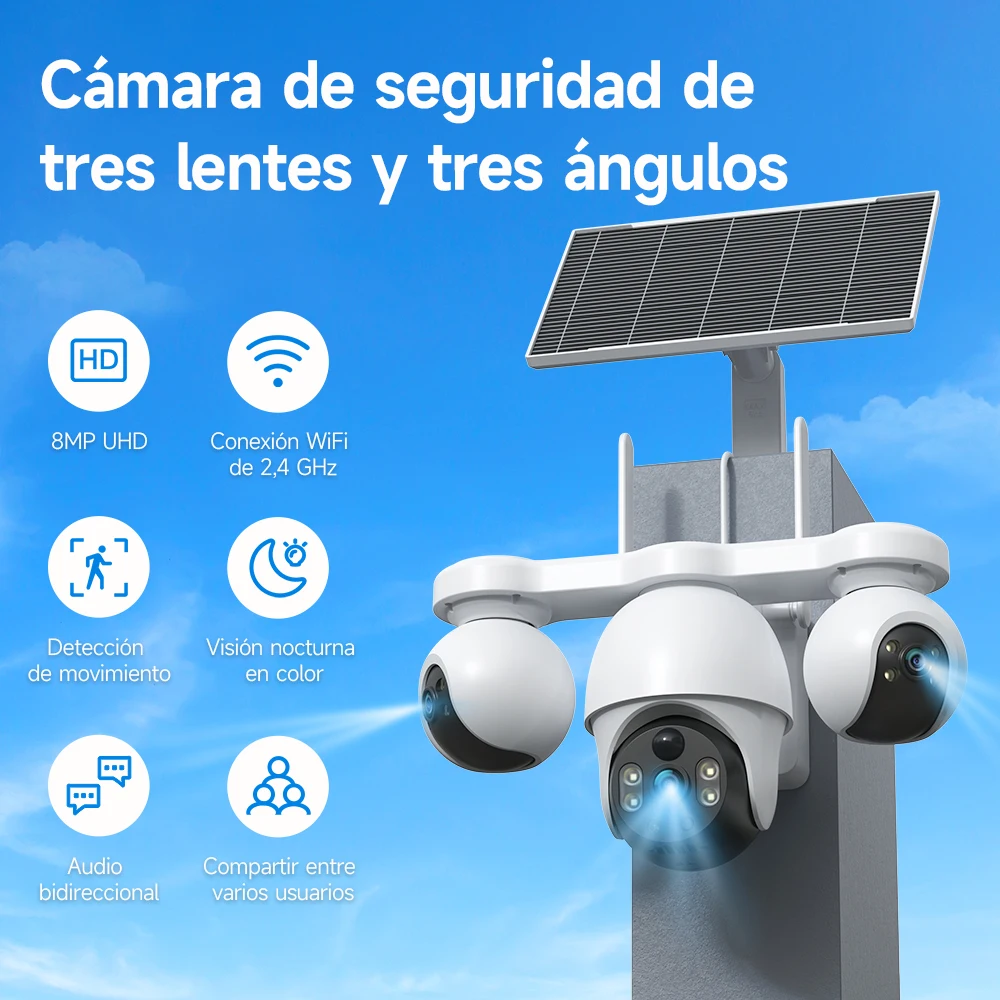 Cámara de seguridad solar V380 Pro 4K con tres lentes, cámara de vigilancia inalámbrica para exteriores con WiFi y 4G, detección de movimiento PIR, resistente al agua.