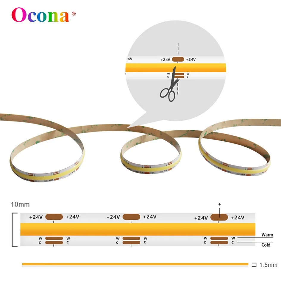 COB CCT LED Strip Lights For Room Decor DC24V 2700K+6500K Warm+Cool Flexible Tunable White LED Tape Ribbon Dynamic Dimmable