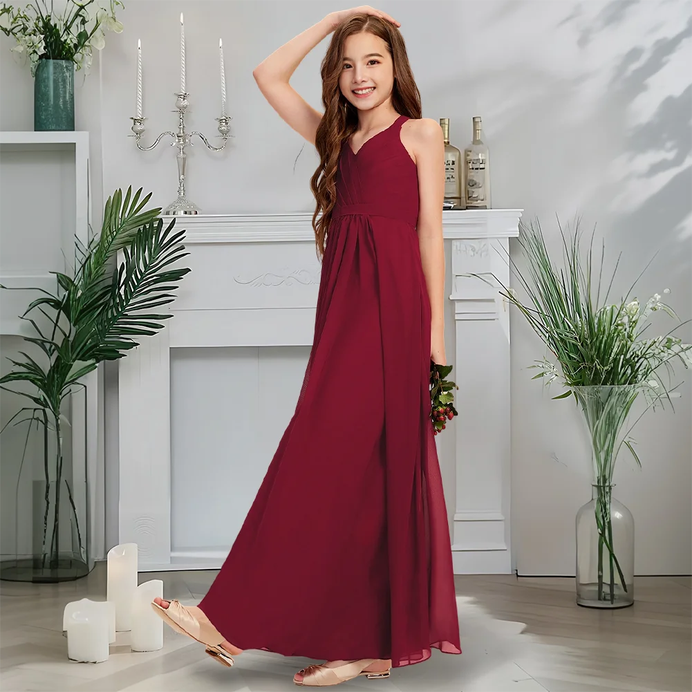 Платье подружки невесты с v-образным вырезом, платье с цветочным узором для девочек, шифоновое платье длиной до пола для девочек, вечерние, свадебные, церемониальные платья
