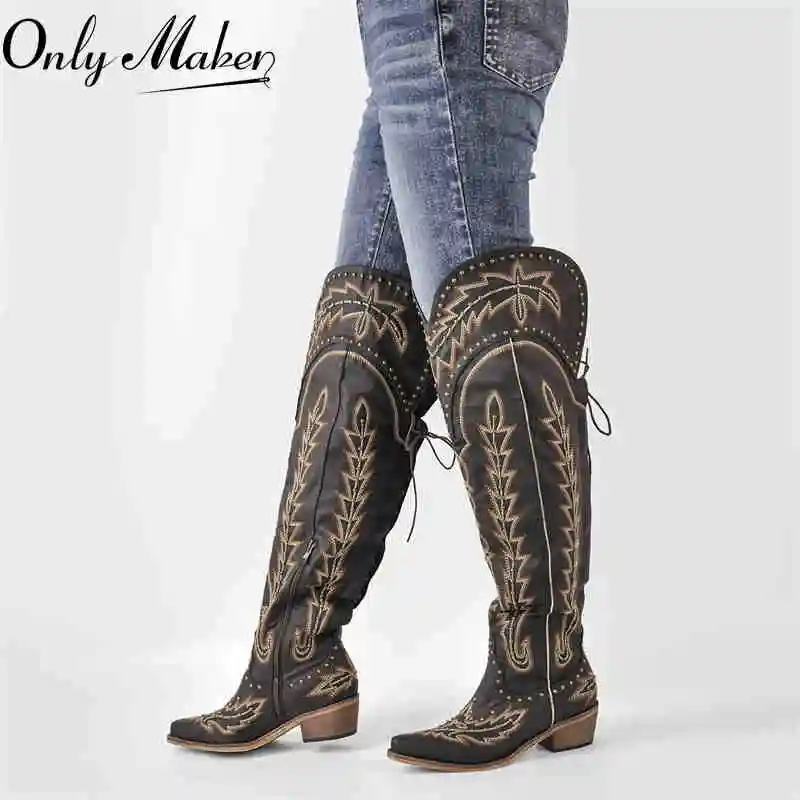 

Onlymaker Women Lace UP Brown Over the Knee Boots Cowboy Boots Side Zipper Western Embroidery Thigh High Boots