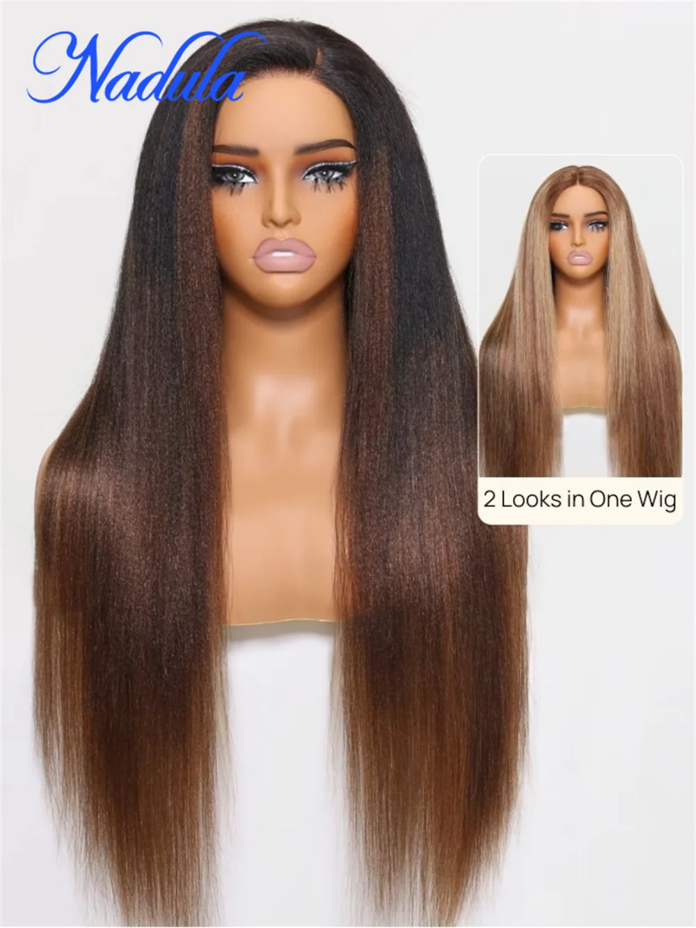 

Nadula Hair Double Wear 4x4 Yaki Straight Wig Ombre Chestnut Brown & Honey Blonde Higlight 2 Styles In 1 Put On And Go Wig