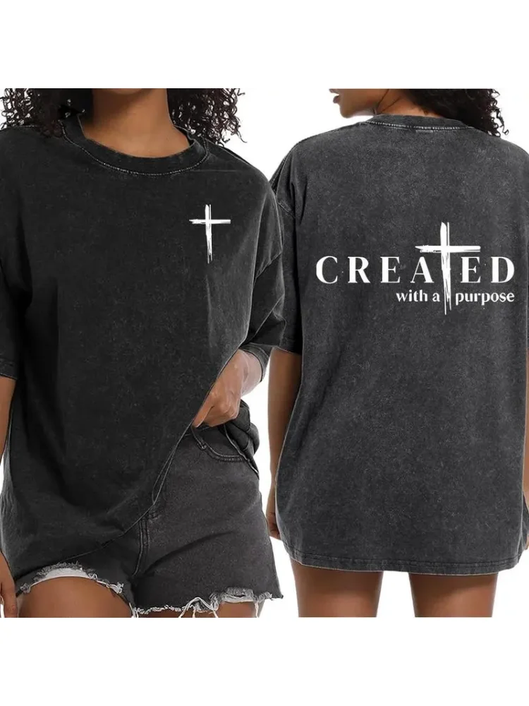 Vintage kruispatroon dames T-shirt gewassen korte mouw casual losse pasvorm klassieke stijl basic tee spirituele zin kleding