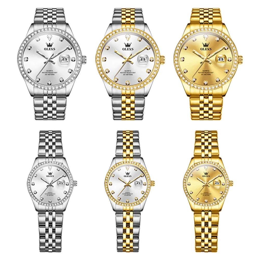 OLEVS 3629 مجموعة ساعات كوارتز فاخرة للزوجين مقاومة للماء ساعة يد مضيئة للتاريخ Reloj هدايا للأزواج