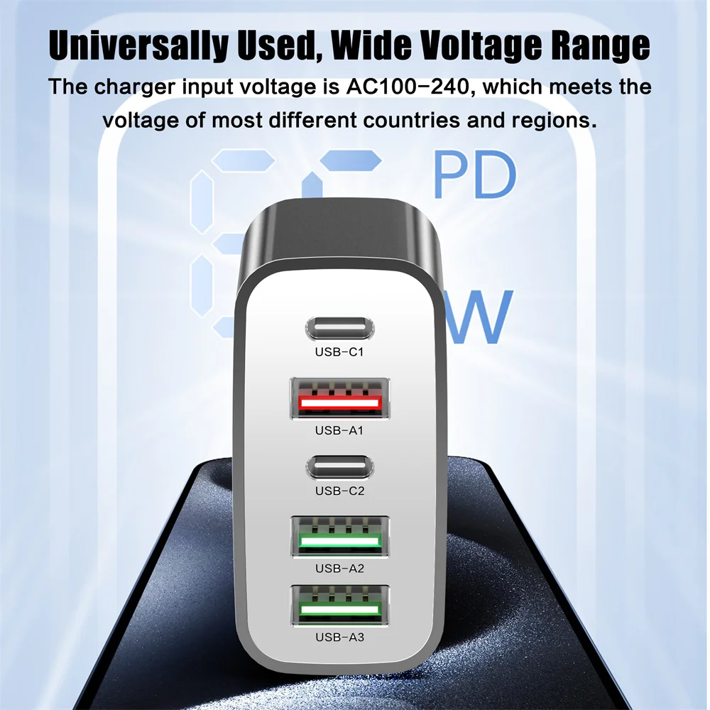 65 واط 5 منافذ شحن سريع شاحن USB C PD شاحن سريع شاحن عالي السرعة الهاتف نوع C الجدار محول آيفون سامسونج Xiaomi