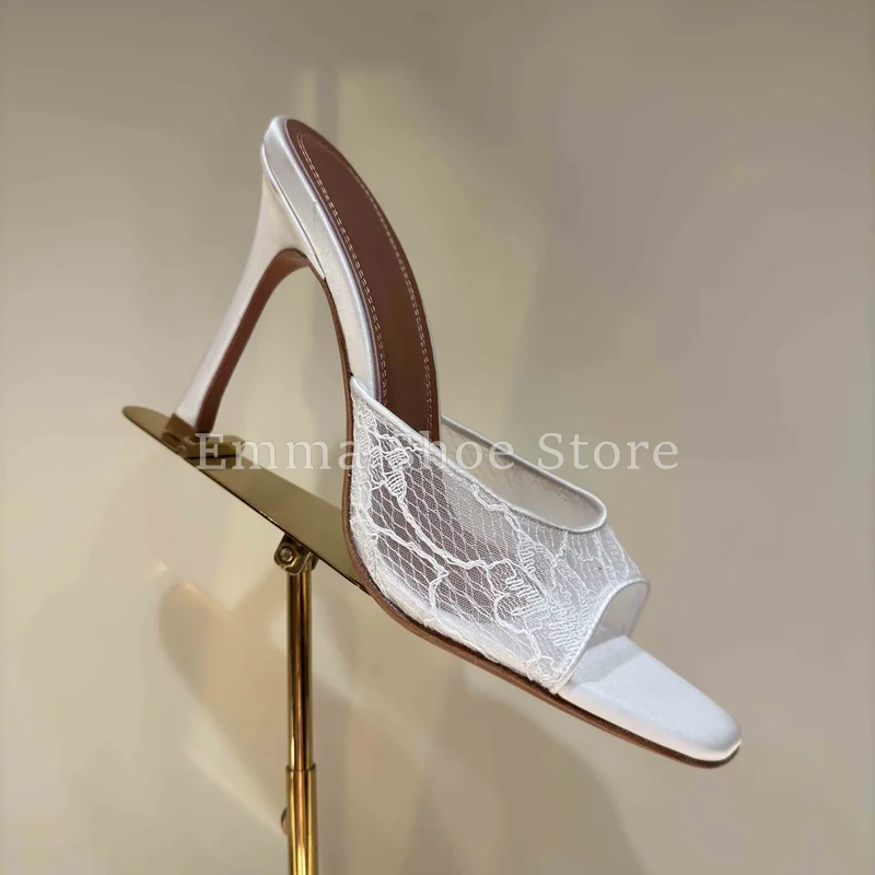 

2025 New Arrival Women's Elegant Black Lace High Heel Slippers Square Toe Sweet Female Outdoor Sandals Fashion Dress Shoes