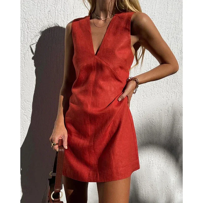 Bawełniane lniane sukienki damskie seksowny dekolt w serek bez rękawów podstawowa sukienka bez rękawów eleganckie eleganckie sukienki damskie letnia wyprzedaż Vestidos Para Mujer — zdjęcie 2