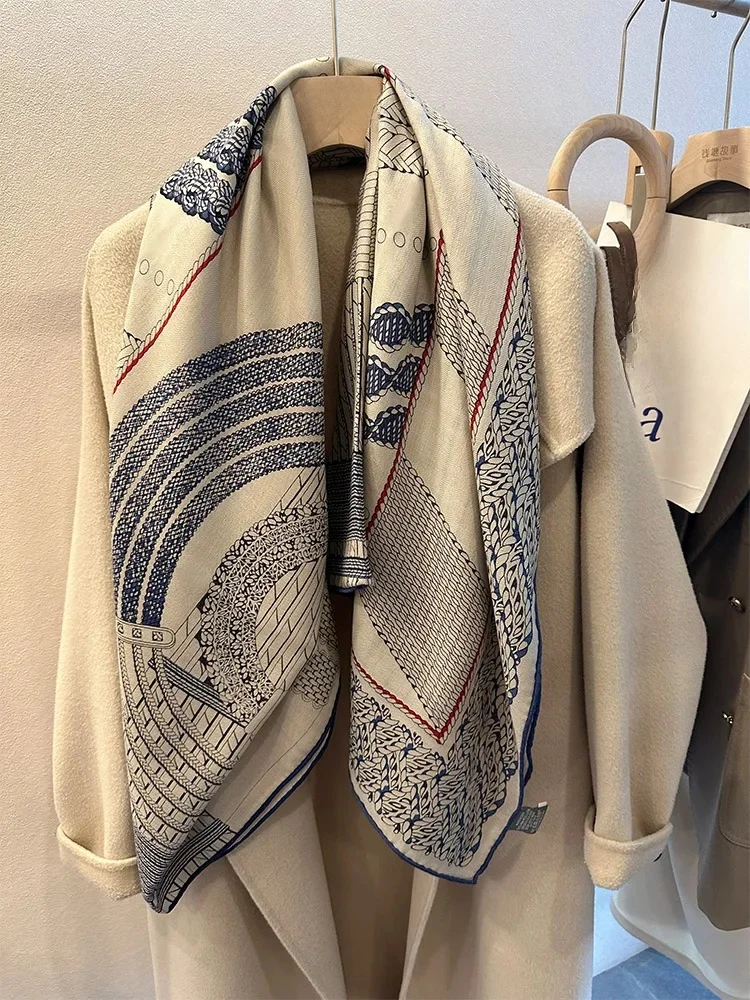Luksusowy designerski jedwabny szalik wełniany damski duży ręcznie walcowany szalik zimowe kwadratowe bandany najlepsze akcesoria torba akcesoria na szyję — zdjęcie 2