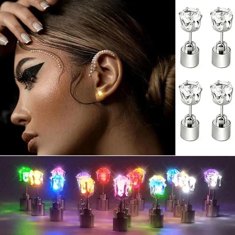 2/1 pièces coloré LED clous lumineux carré Zircon boucles d'oreilles hommes femmes Bar Rave fête de mariage oreille Stud bijoux brillant boucle d'oreille