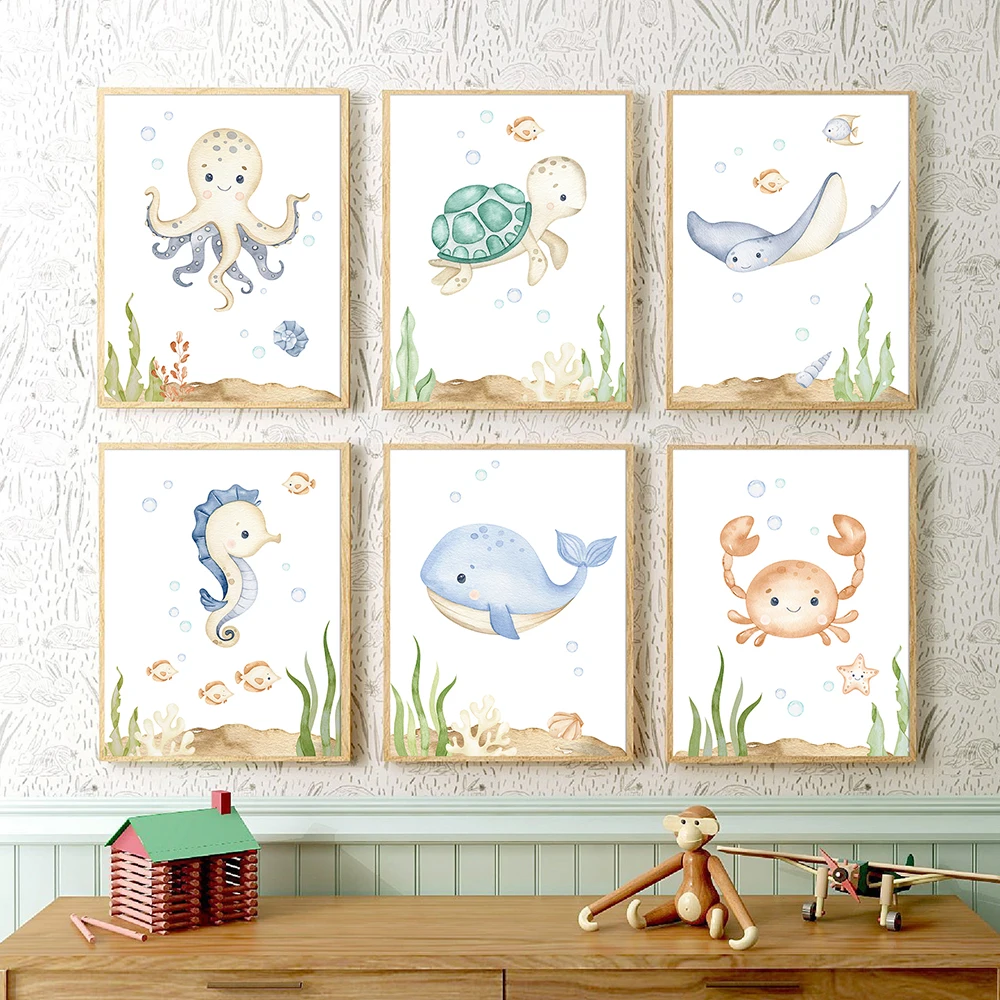 Nautische Ozean Tier Kinderzimmer Drucke Cartoon Meeresschildkröte Poster Aquarell Meerestier Kunst Leinwand Malerei Kinderzimmer Wanddekoration