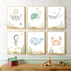 Nautical Ocean Animal Nursery Prints Cartoon Sea Turtle Poster Watercolor Marine Animal Art Canvas Painting Kids Room Wall Decor