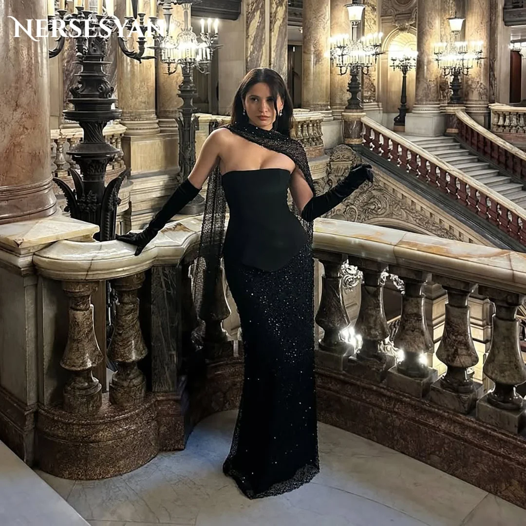 

Nersesyan Элегантные блестящие черные вечерние платья русалки с открытыми плечами и кружевными пайетками, женские вечерние платья, вечерние платья по индивидуальному заказу