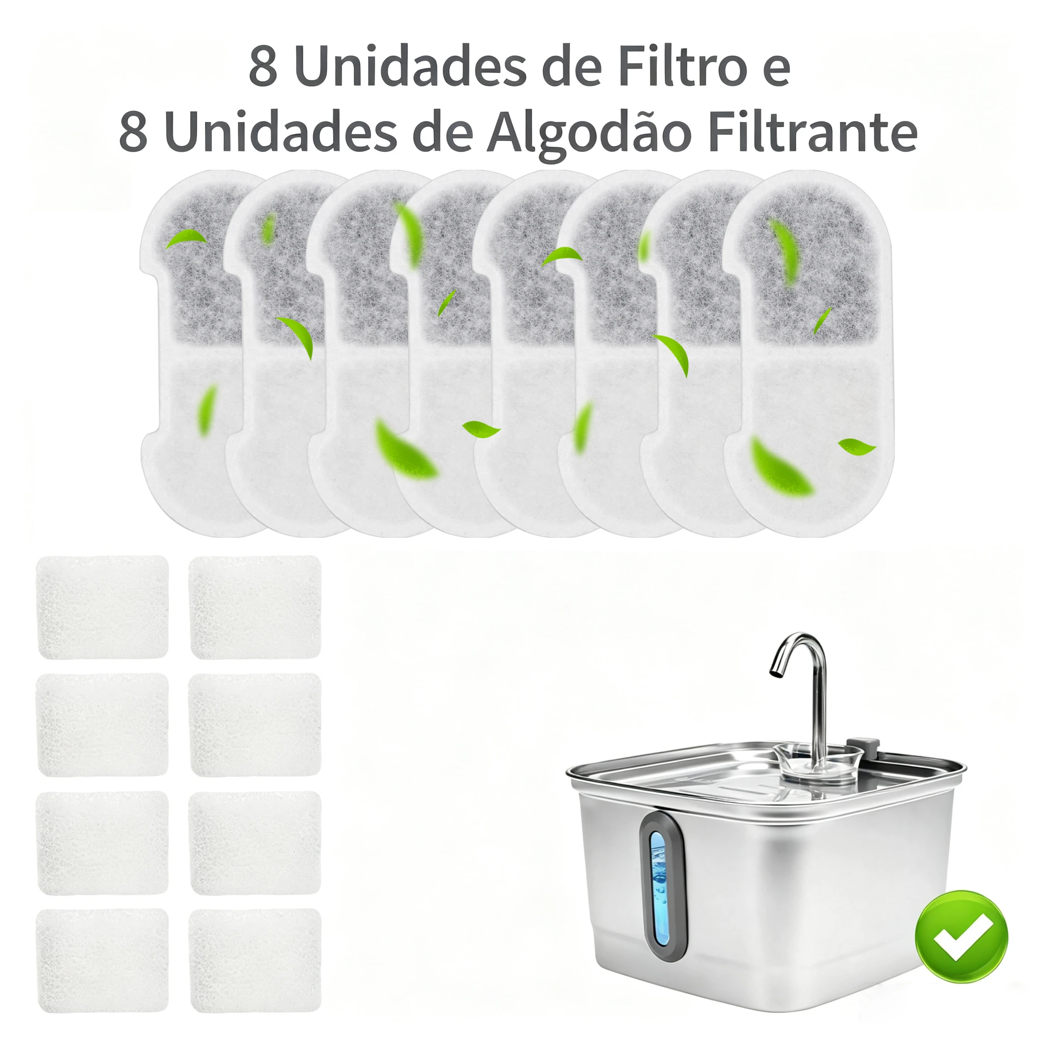 Conjunto de 16 Peças de Filtros para Bebedouro de Gato com 8 Filtros de Carvão e 8 Esponjas de Algodão de Reposição, para Dispensador de Água para Animais de Estimação TY08