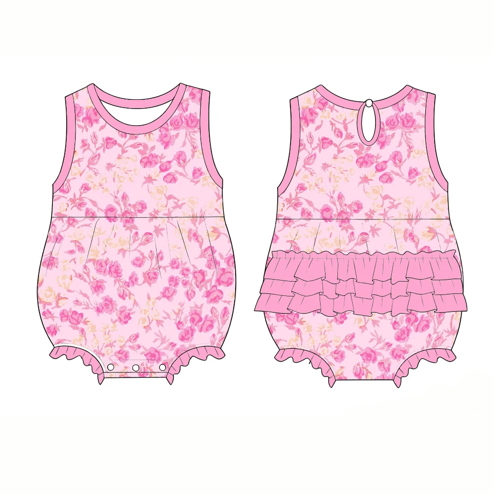 Mono corto de cuello redondo para niños, con botones, volantes de 3 capas, estampado de flores, ropa para niños pequeños, venta al por mayor personalizada