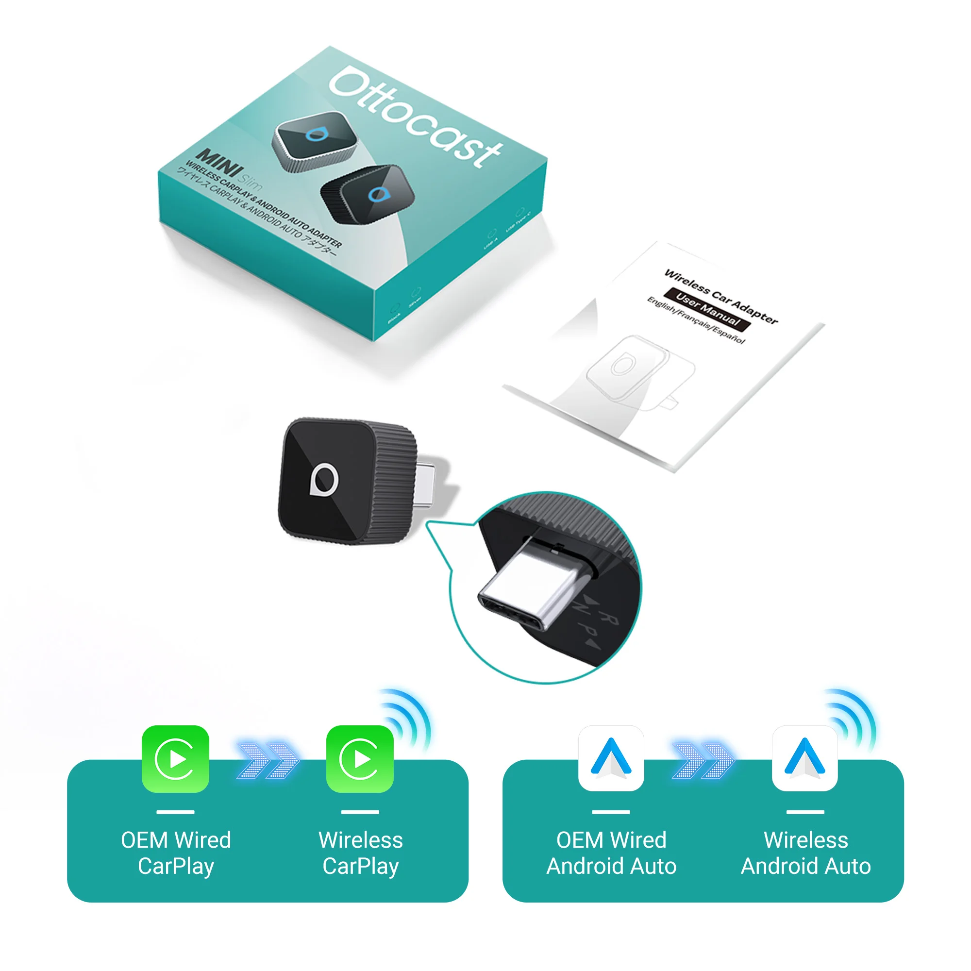 OTTOCAST Cube MINI Slim Adapter 2 in 1 Wireless CarPlay Android 