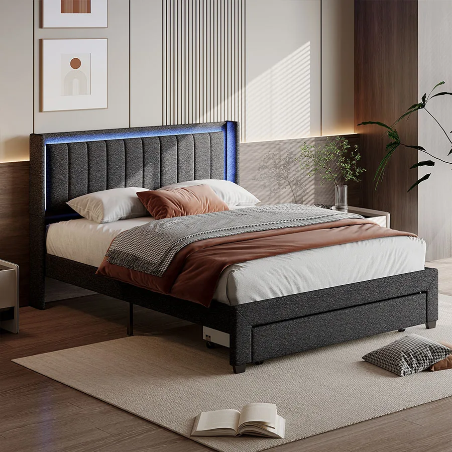 Anajqaqia Letto per ragazzi 140x200 cm, letto contenitore con spazio portaoggetti, letto funzionale con illuminazione a LED e ricarica USB, lino