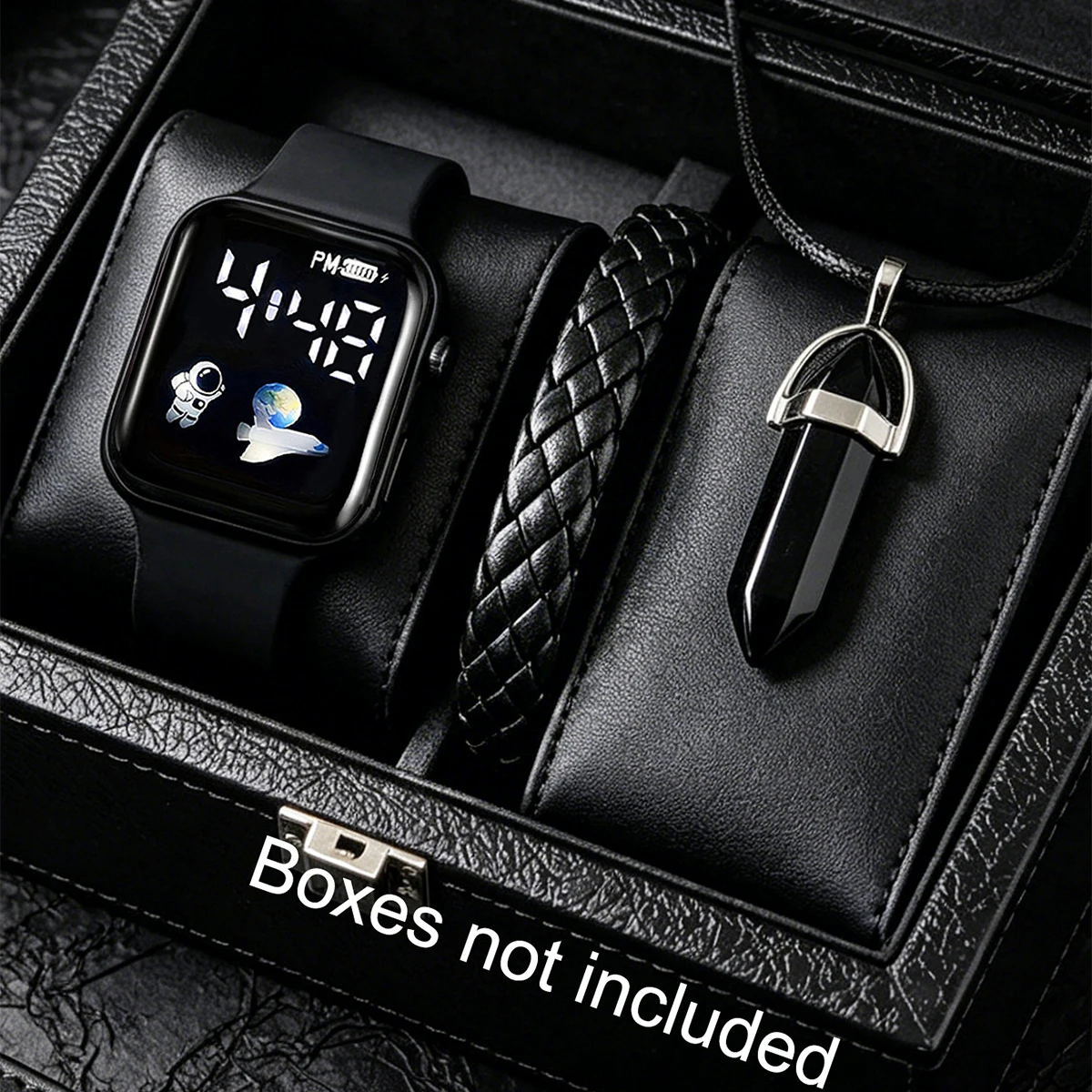 3-Piece Set, Casual and Simple Silicone Strap Electronic Watch with Woven Bracelet, Bullet Head Pendant Necklace Set, Versatile for Daily Casual Wear, Home Use, Great Holiday or Birthday Gift.
