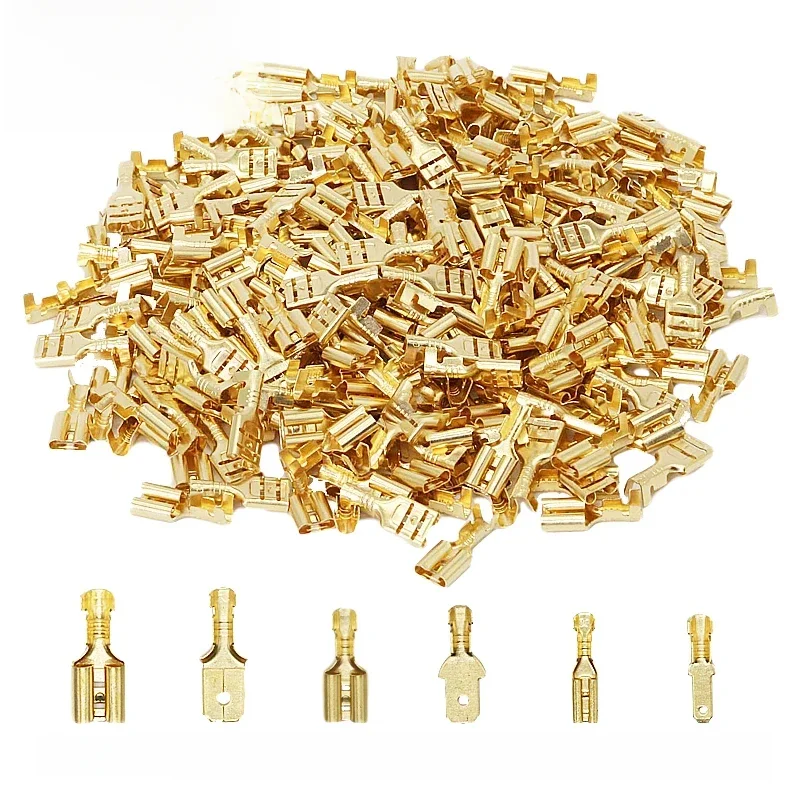 100 szt. Złącza zaciskane żeńskie i męskie 2.8 4.8 6.3mm, mosiężne/srebrne, złote, do głośników samochodowych, zestaw złącz elektrycznych ZiiZ — zdjęcie 2