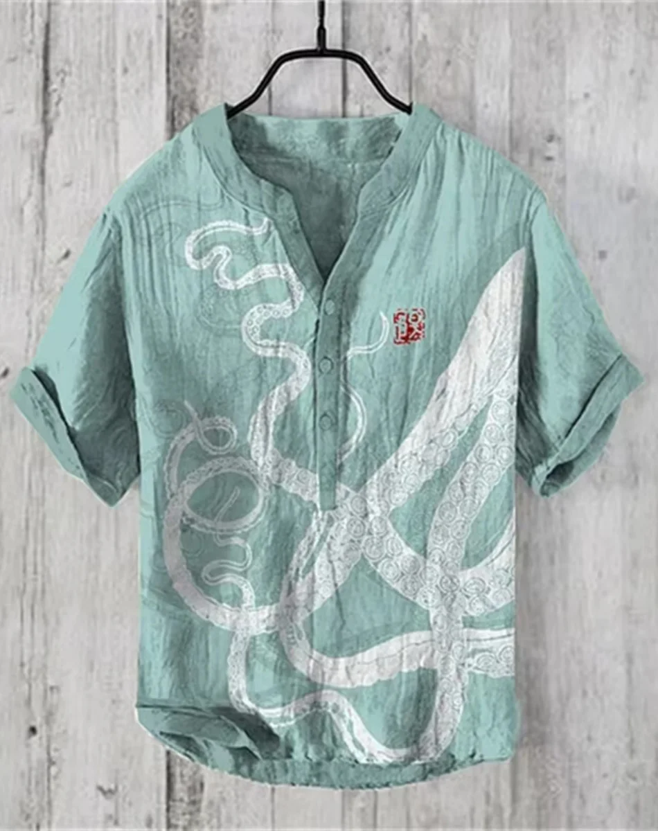 Henry Shirt - Nouvelle chemise décontractée à manches courtes pour hommes, hauts de tenue décontracté au quotidien, chemise imprimée poulpe, tailles S à 5XL expédition rapide