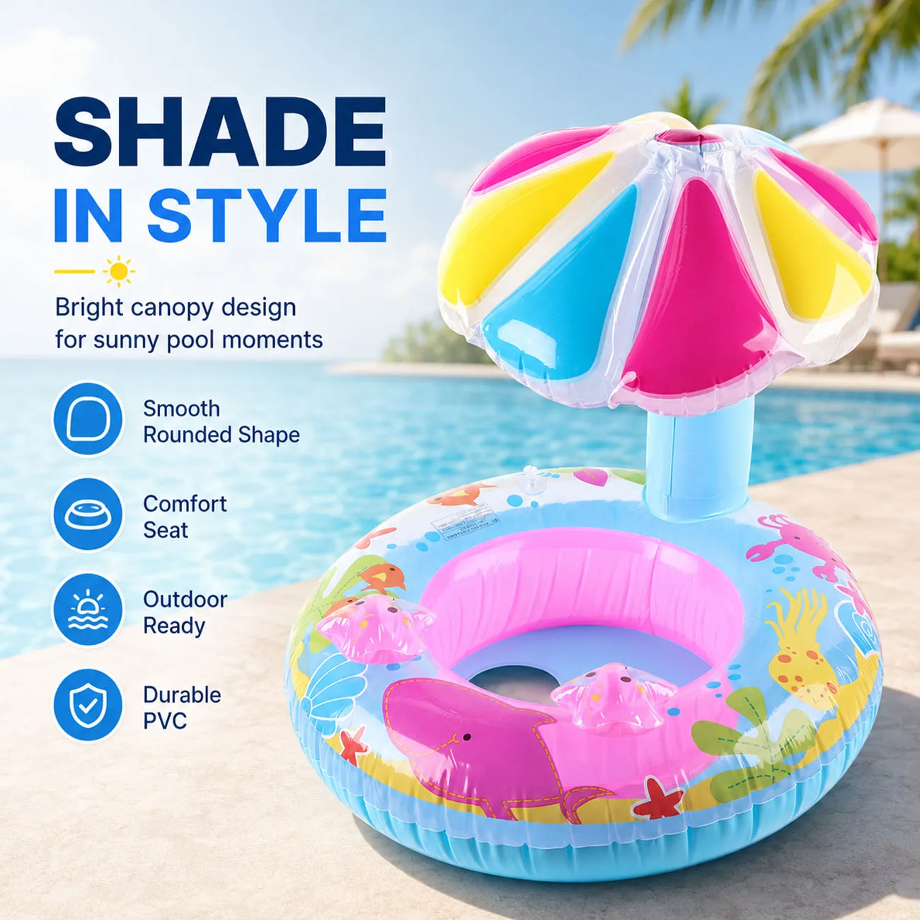 1PC Inflatable Sun Shade Pool Float with Canopy, Swimming Ring Float Chair, UV Protection, Beach Outdoor
