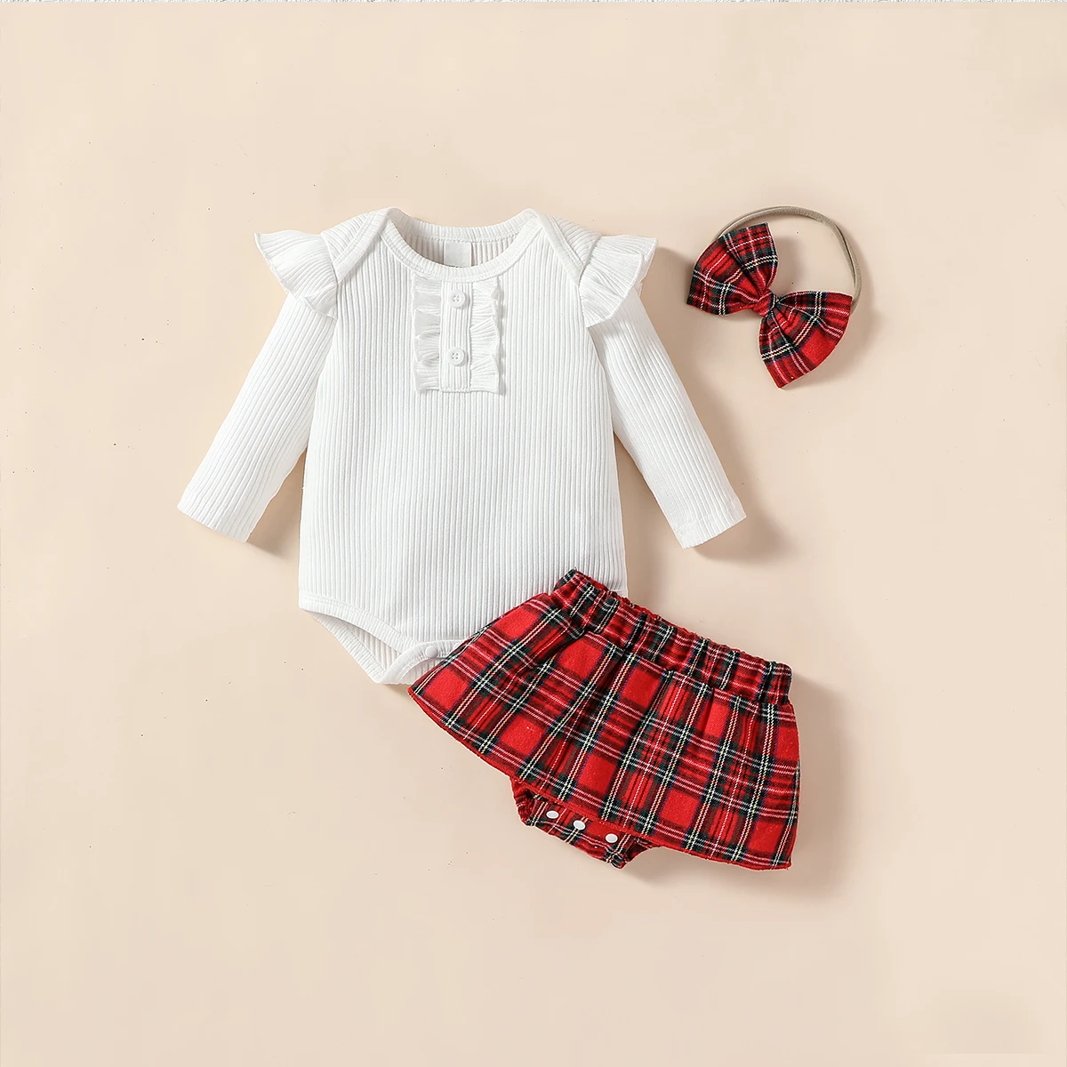 

Newborn Baby girl lovely and sweet Skirtset solid color Long Sleeve top With Button plaid skirt + Headband
