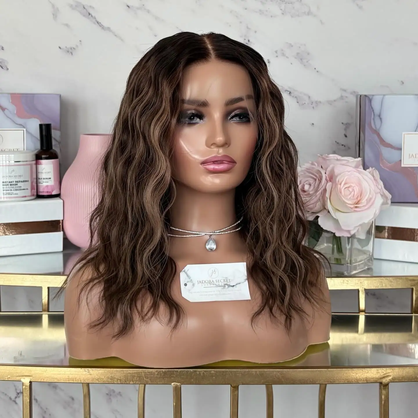 Chocolate Brown Short Curly Wavy Synthetic Lace Front Wig 13x4 Shoulder Length Deep Wave Brunette Bob Wig for Women Wear and Go