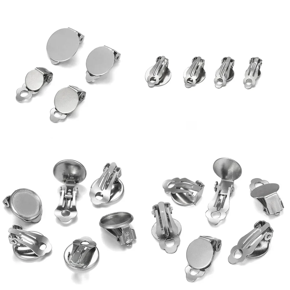 10 pièces 8-14mm en acier inoxydable rond plat oreille pince Base Cabochon lunette plateau boucles d'oreilles Clips pour bijoux à bricoler soi-même faisant des accessoires
