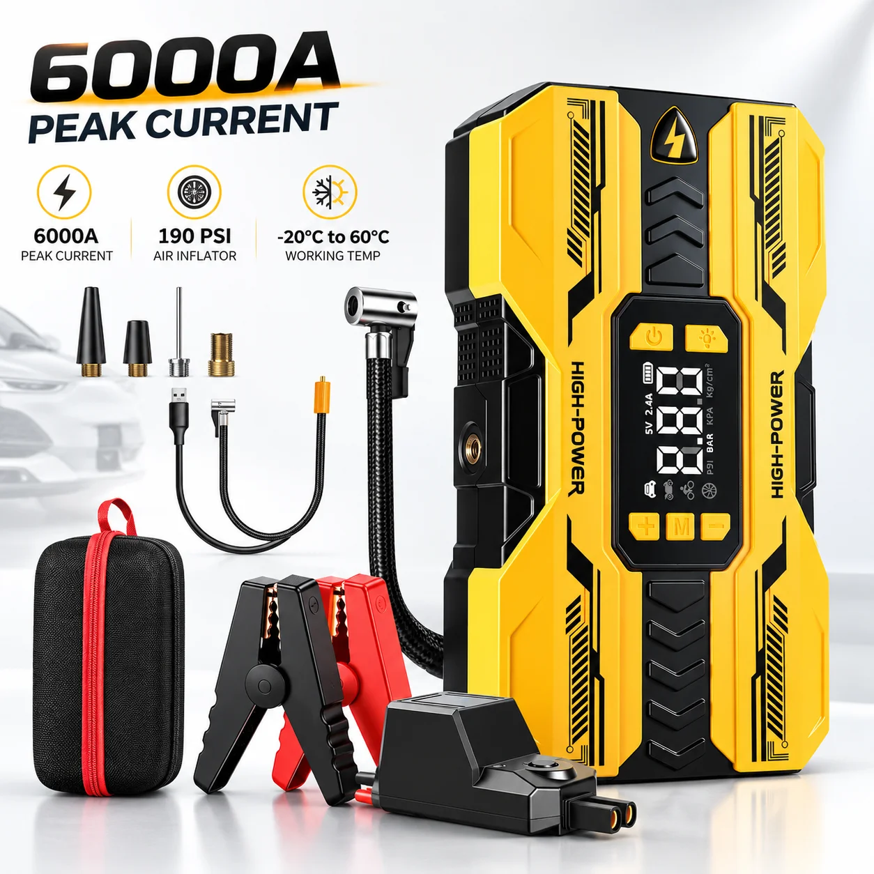 Arrancador de coche 6 en 1 Cyd19, 8000 mAh, 300 A de corriente de arranque, 600 A de corriente máxima, inflador de neumáticos digital con manómetro, batería de emergencia portátil de 12 V para coche