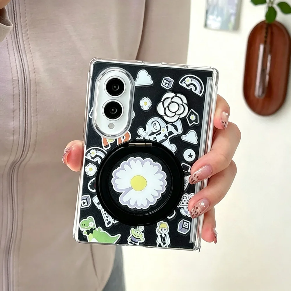 Cute Anime Cartoon Character Black Phone Case for Samsung Galaxy Z Fold 8 Stylish Shockproof Protective Case with Magsafe Holder