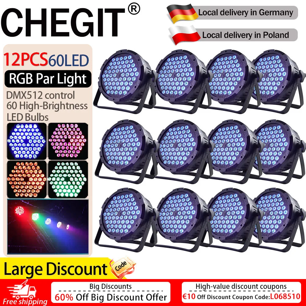 CHEGIT Pack de 12 projecteurs PAR 60 LED RGB 3-en-1, éclairage de scène couleur intégrale, auto-alimenté, activé par la voix, contrôle DMX512, professionnel pour DJ, fêtes, mariages, bars, discothèques, concerts, événements intérieurs, paysages, maison, pub, projecteur expédié depuis la Pologne, lumières de scène