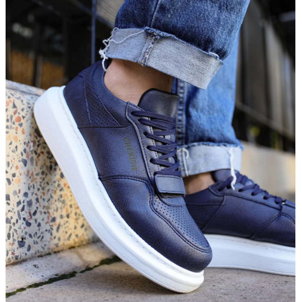 FOH Store Sneakers for Men NAVY BLUE Artificial Leather 2023 Spring Autumn Casual Lace Up Fashion Shoes High Base Sport Comfortable Light Daily Original Canvas Odorless Orthopedic Suits Office Wedding 073