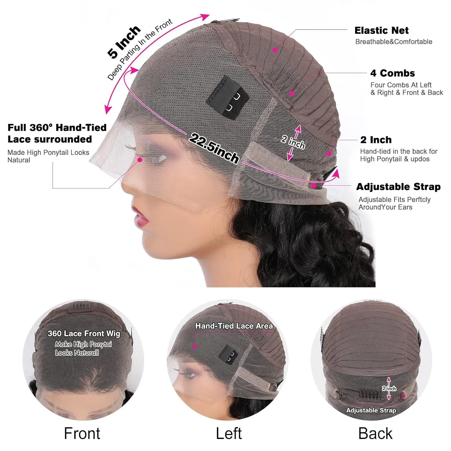 Glueless Invisi-Drawstring 360 레이스 프론트 가발 인간의 머리카락 착용 및 이동 스트레이트 전체 레이스 정면 가발 180% HD 투명 버진 헤어