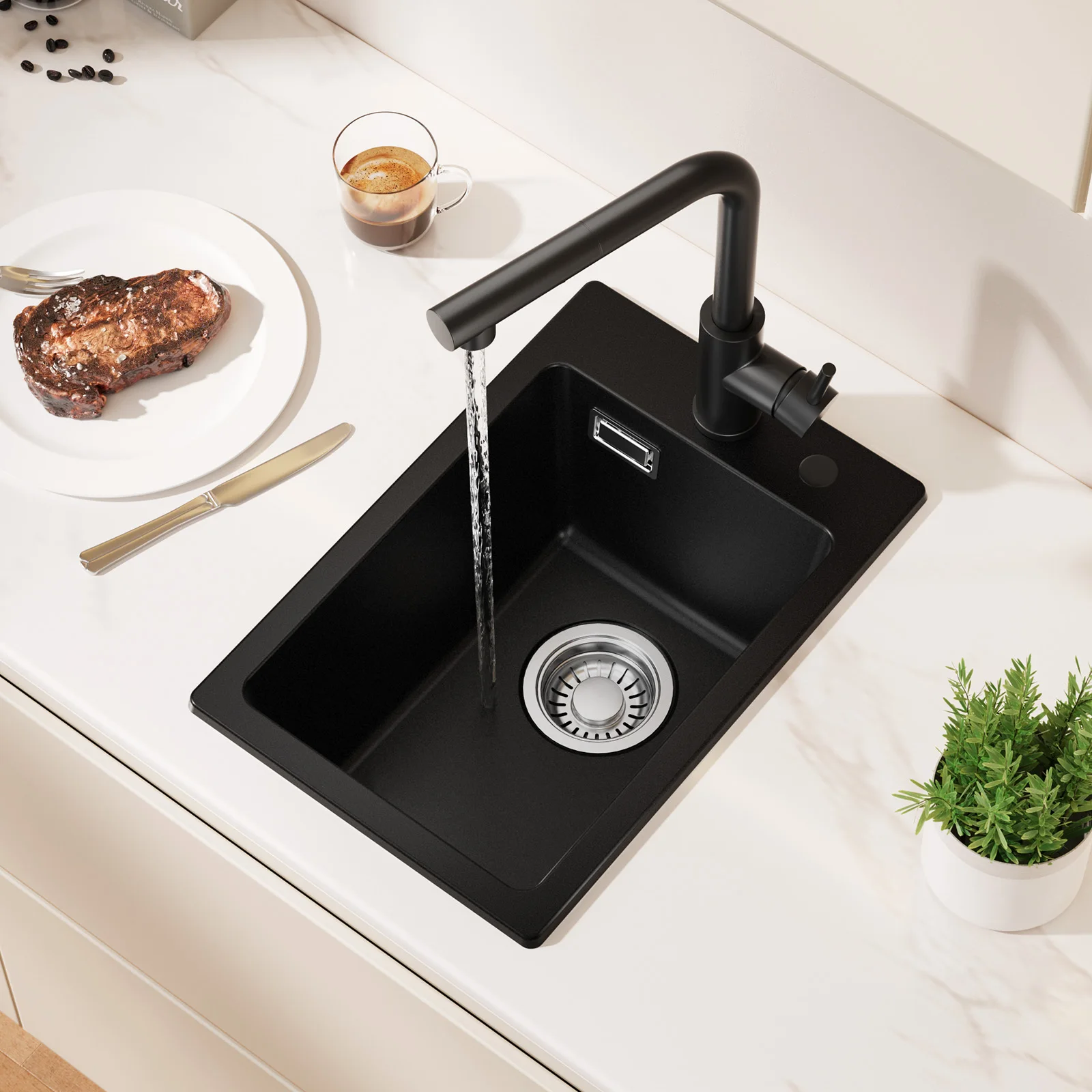 30 x 45 cm Küchenspüle Schwarz Quarzkomposit Steinspüle Mini Bar Einbauspüle Platzsparend Hitzebeständig Spülbecken für Kleine Küche und Wohnmobil mit Siphon Abflussgarnitur Set