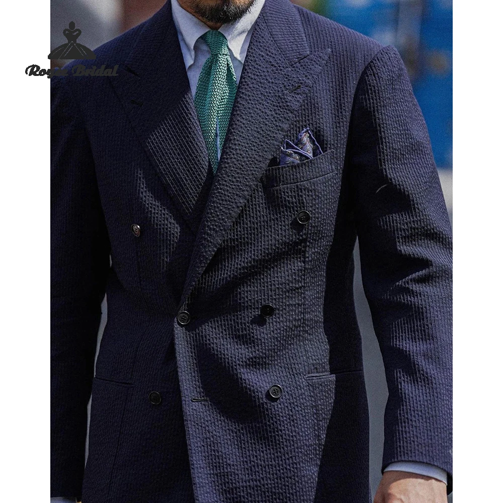 Seersucker Tweedelige Double Breasted Herenpak Bruiloft 2026 Piek Revers Strand Avondpak Aangepaste trajes para hombre