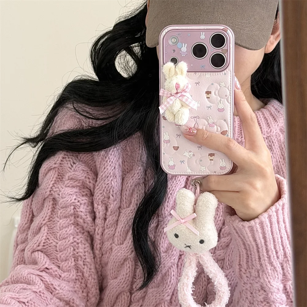 

Kawaii Rabbit Leather Phone Case for iPhone 16 Pro 13 14 15 17 Pro Max Cases with Furry Rabbit Cute Shockproof Cover Cartoon Fun